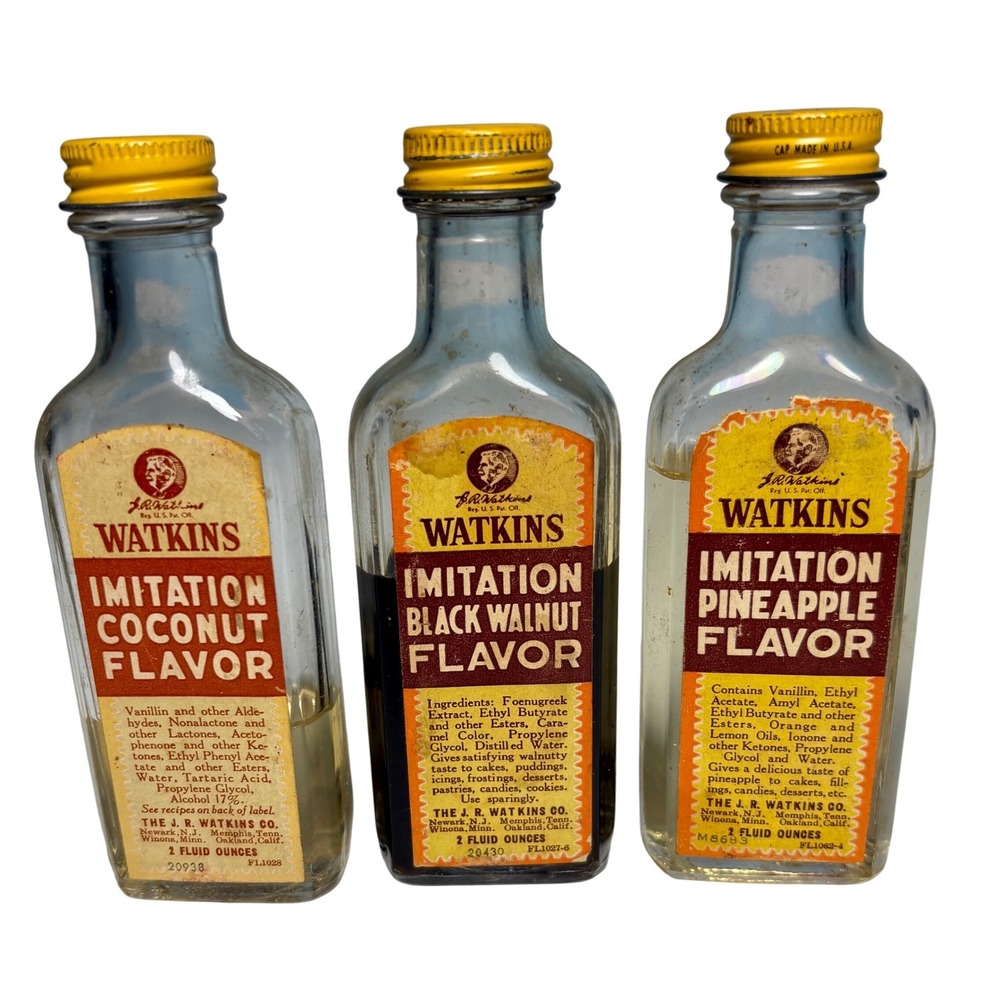 3 Watkins Vintage Flavor Extract Bottles Coconut Walnut Pineapple Movie Prop Set